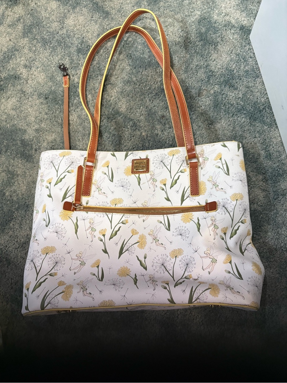Disney Tinkerbell Dooney & Bourke Floral Canvas Tote with Tan Leather Handles